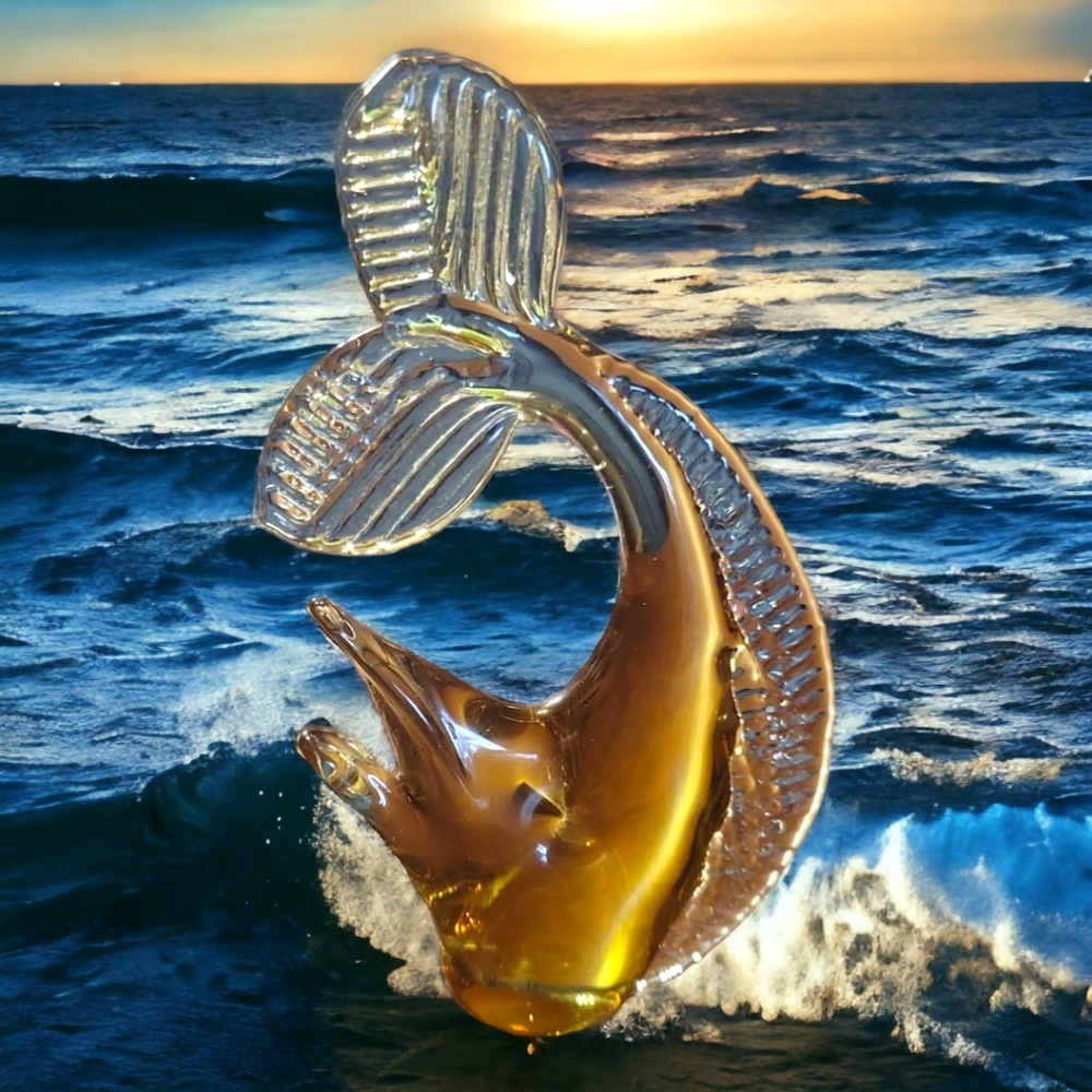 Vtg Pilgrim Hand Blown Amber Glass Tarpin Dolphin Fish Figurine/Paperweight 5"